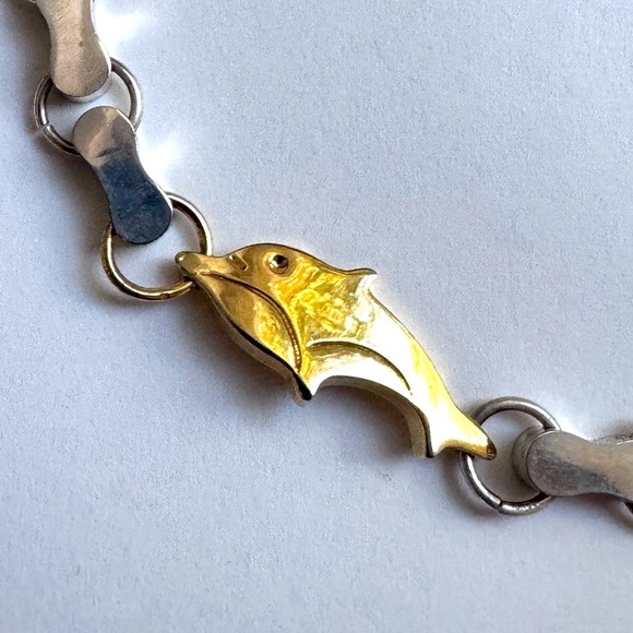 🐬 Vintage .925 Sterling Silver Dolphin Bracelet with Gold Plated Dolphins - Picture 4 of 15
